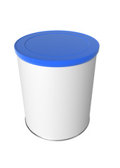3D realistic render of Round white tin can with blue plastic lid, Container for tea, coffee, sugar, candy, food, spice or paint. Realistic packaging mock up template with clipping path.