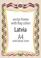 Frame and border  with the coat of arms and ribbon with the colors of the Latvia flag