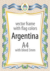 Frame and border  with the coat of arms and ribbon with the colors of the Argentina flag
