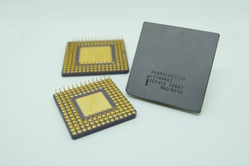 closeup old cpu processor on White background