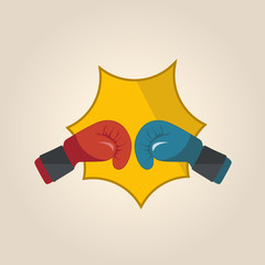 Blue and red boxing gloves with golden explosion.