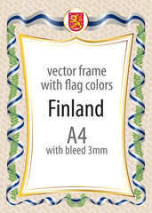 Frame and border  with the coat of arms and ribbon with the colors of the Finland flag