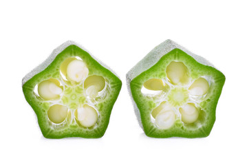 two slice of fresh green okra isolated on white background - obrazy, fototapety, plakaty