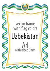 Frame and border  with the coat of arms and ribbon with the colors of the Uzbekistan flag