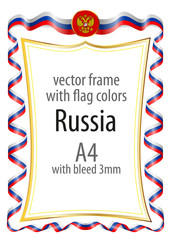 Frame and border  with the coat of arms and ribbon with the colors of the Russia flag