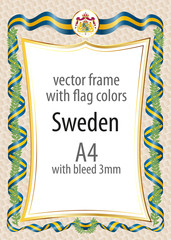 Frame and border  with the coat of arms and ribbon with the colors of the Sweden flag