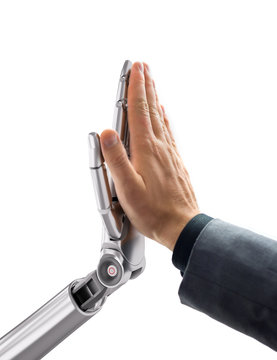 Robot and Human Giving a High Five. Artificial Intelligence Technology 3d Illustration