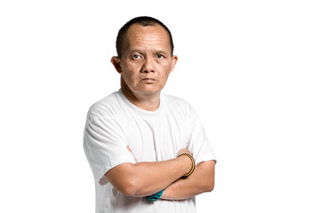Fototapeta premium Portrait of a man with down syndrome. Isolated on white background with clipping path
