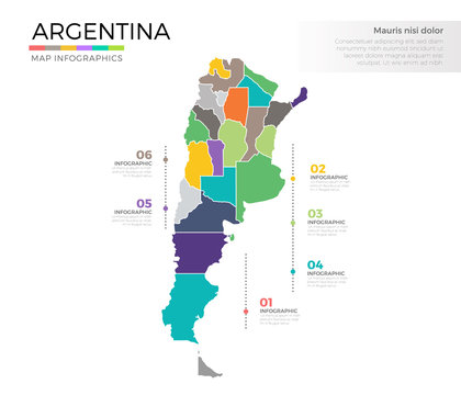 Argentina country map infographic colored vector template with regions and pointer marks
