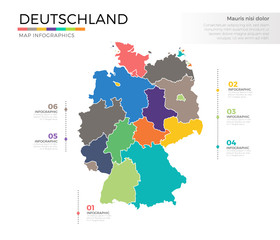 Deutschland country map infographic colored vector template with regions and pointer marks
