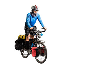 Portrait of an asian man cyclist with helmet and sportswear on his touring bicycle. Isolated full length on white background with copy space and clipping path