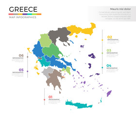 Greece country map infographic colored vector template with regions and pointer marks