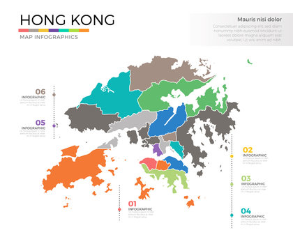 Hong Kong country map infographic colored vector template with regions and pointer marks
