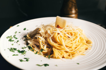 Close up of carbonara pasta dish, mediterranean lunch details