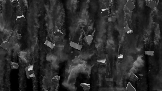 Many different sizes of concrete pieces fall down leaving a lot of dense dust, with alpha mask