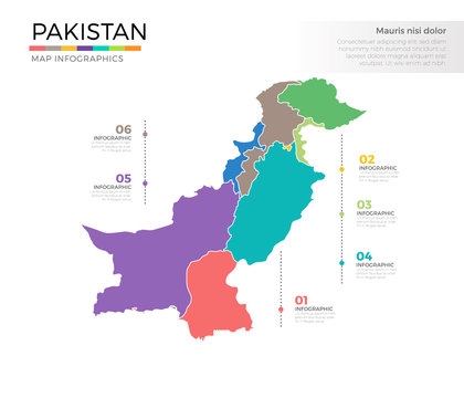 Pakistan country map infographic colored vector template with regions and pointer marks