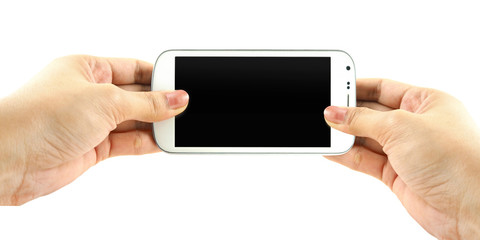 Hands holding white phone isolate on white background