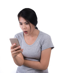 Fototapeta premium Woman with smartphone on white background