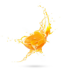 Fresh slide half of ripe orange fruit with orange juice splash water isolated on white background