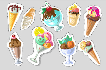 big set of cute cartoon ice creams stickers. cute stickers, patches or pins collection. ice cream time stickers set