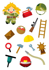 cartoon matching game with finding proper elements to occupation - soldier girl - illustration for children