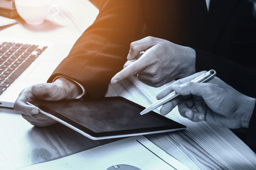 Project managers meeting.Business crew working with new startup,Teamwork concept,man and woman discussion document in the office.collaborative filtering.Analyze plans.selective focus.monochrome tone