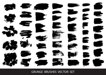 Set of black paint, ink brush strokes, brushes, lines. Dirty artistic design elements, boxes, frames for text. Vector illustration.