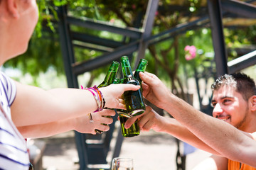 Picnic day with friends cheering with bottles of beer

