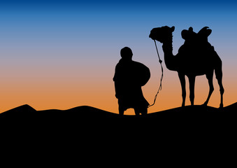 Fototapeta na wymiar caravan in the desert, sunset background. poster camel and bedouin in the Sahara