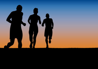 runners, marathon in the city on sunset, poster background