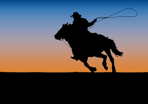 Rodeo competition tournament, sunset background. poster cowboy and lasso on the horse