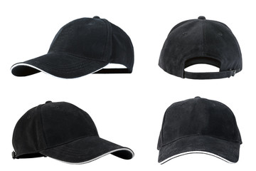 Collection of black baseball caps isolated on white background, concepts of beauty, fashion and sport object.