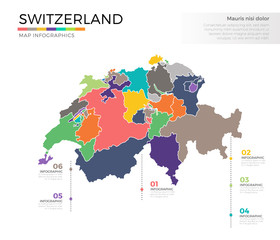 Switzerland country map infographic colored vector template with regions and pointer marks