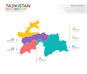 Tajikistan country map infographic colored vector template with regions and pointer marks