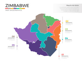 Zimbabwe country map infographic colored vector template with regions and pointer marks