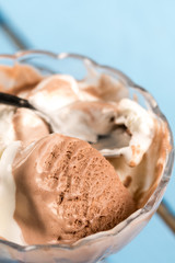 Closeup macro vanilla chocolate ice cream in the bowl