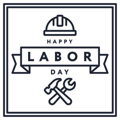 Happy Labor Day Minimal Linear Flat Icon Greeting Card Background Banner with Hard Hat and Hammer Wrench.