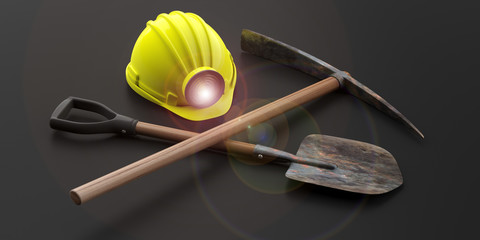 Miner's helmet, pickaxe and shovel on black background. 3d illustration