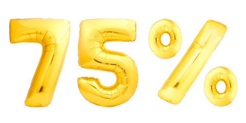 Golden seventy five 75 percent made of inflatable balloons isolated on white background. One of full percentage set