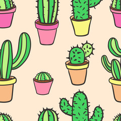 Seamless pattern with cactus. Pattern of cactus. Cacti in pots. Cute cartoon cactus pattern.