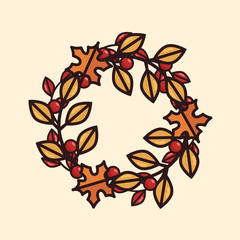 Vector illustration of an autumn wreath with orange, red and yellow leaves and berries.