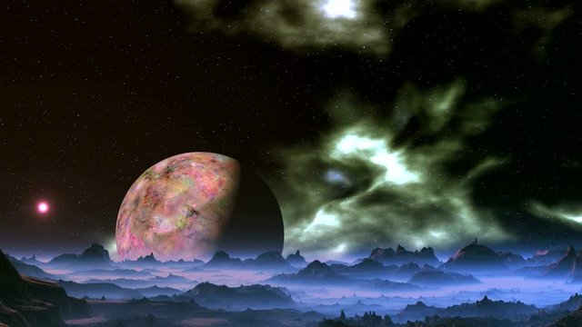 Alien Planet and Floating Nebula. A multi-colored planet slowly rotates on the dark starry sky. Floats whitish nebula. Below them a rocky landscape covered with thick fog.