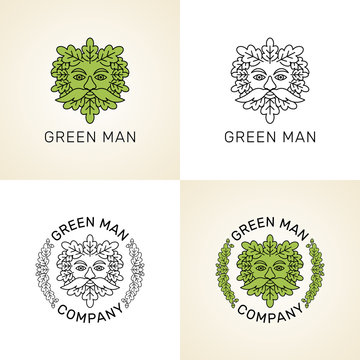 Vector set of logos. Stylized Green man head with leaves.