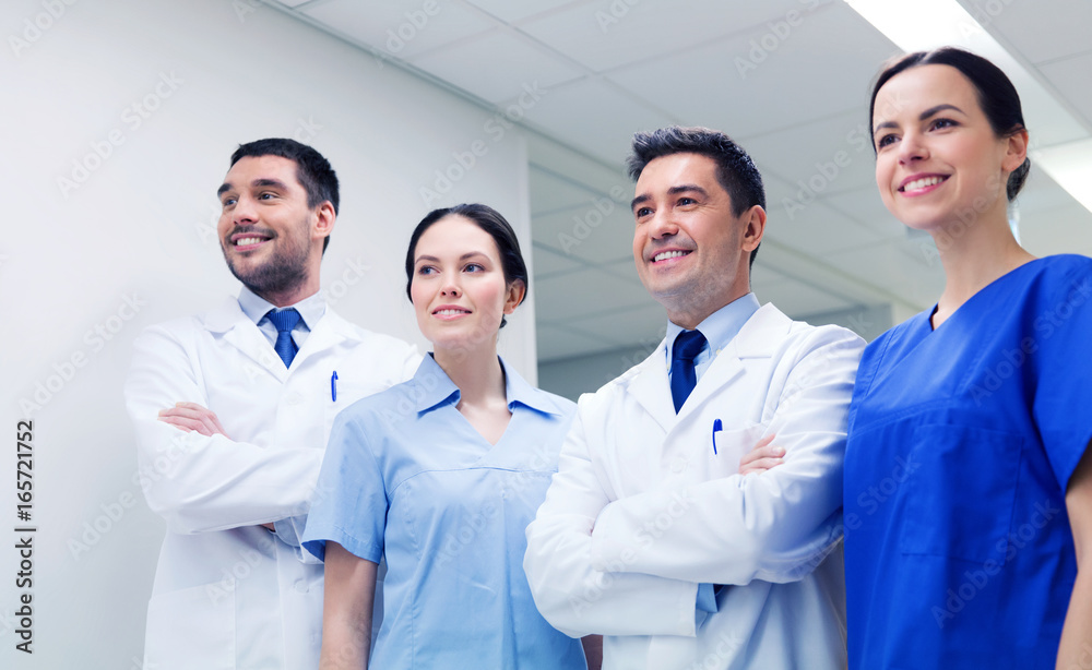 Sticker group of happy medics or doctors at hospital