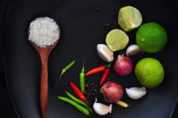 Top View of Spoon of Rice with Thai Food Ingredients