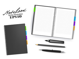 Blank black open and closed copybook template with Pen, pencil and permanent marker.Set of vector illustration stationery isolated on white background.
