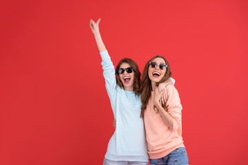 Happy ladies friends standing isolated