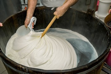 Production handmade craftsmanship of mozzarella made with Bufala milk