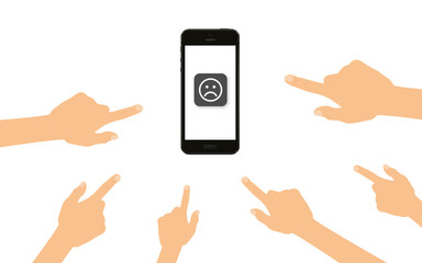 Finger zeigen auf Smartphone mit traurigem Smiley