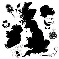 UK map and symbols in black and white
